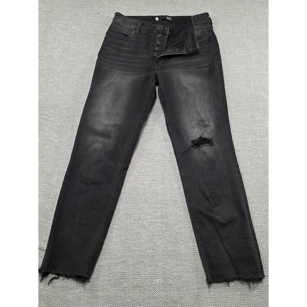 KUT From The Kloth Rachael High Rise Mom Jean Black Distressed Button Fly Size 8